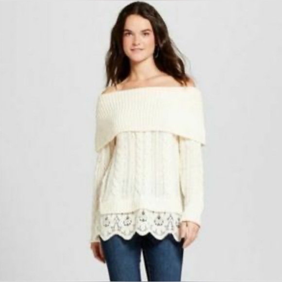Knox Rose Cream Cable Knit Off the Shoulder Lace Trim Cowl Women Sweater Medium. - Picture 1 of 12